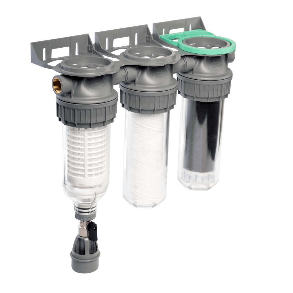 Ecosoft 3P Grey Triplex 10" regenwaterfilter met spoelklep, aansluiting 